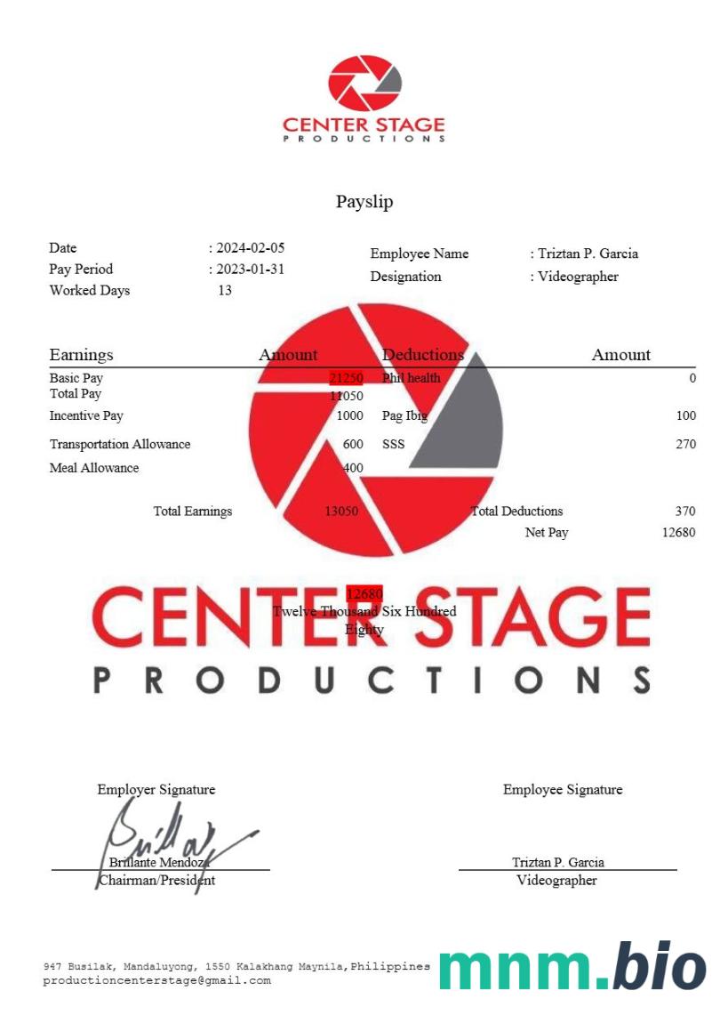 Szablon odcinka wypłaty Center Stage Productions w formatach Word i PDF, 2